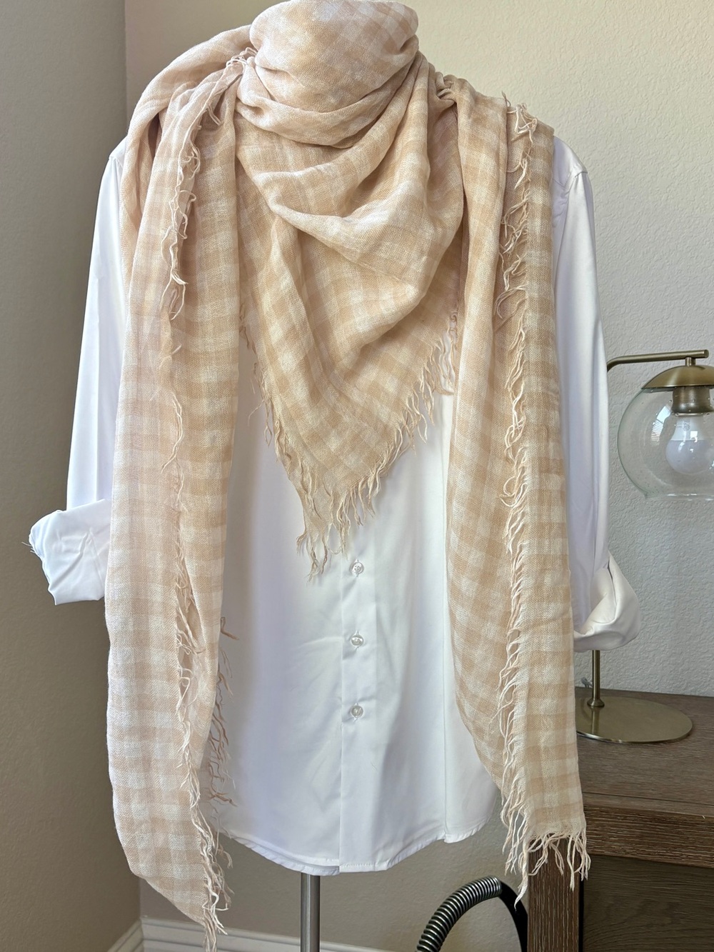 Chan Luu Beige Checked Lightweight Frayed Scarf